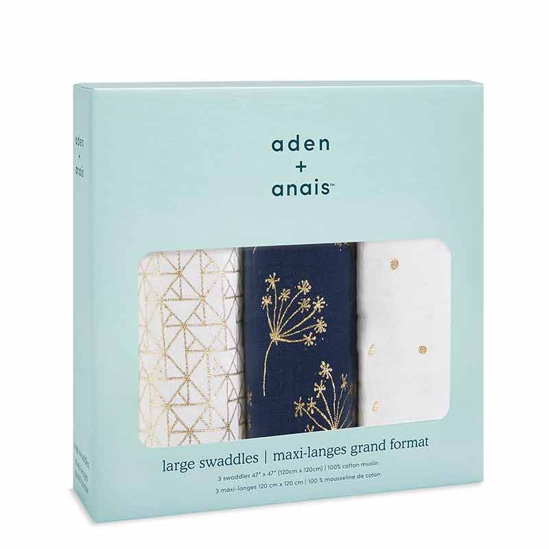 Lot de 3 maxi-langes en mousseline de coton Gold Deco Aden Anais packaging