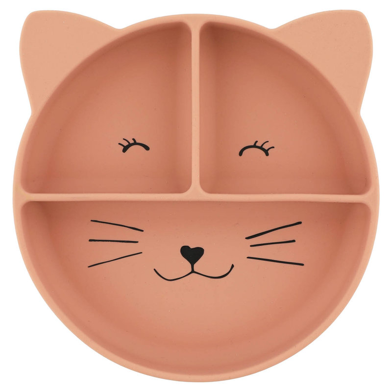 Assiette avec ventouse en silicone et compartiments Mrs. Cat Trixie face