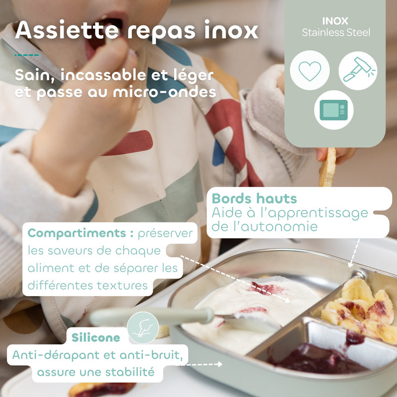 Assiette compartimentée inox Vert de gris Beaba infos 2