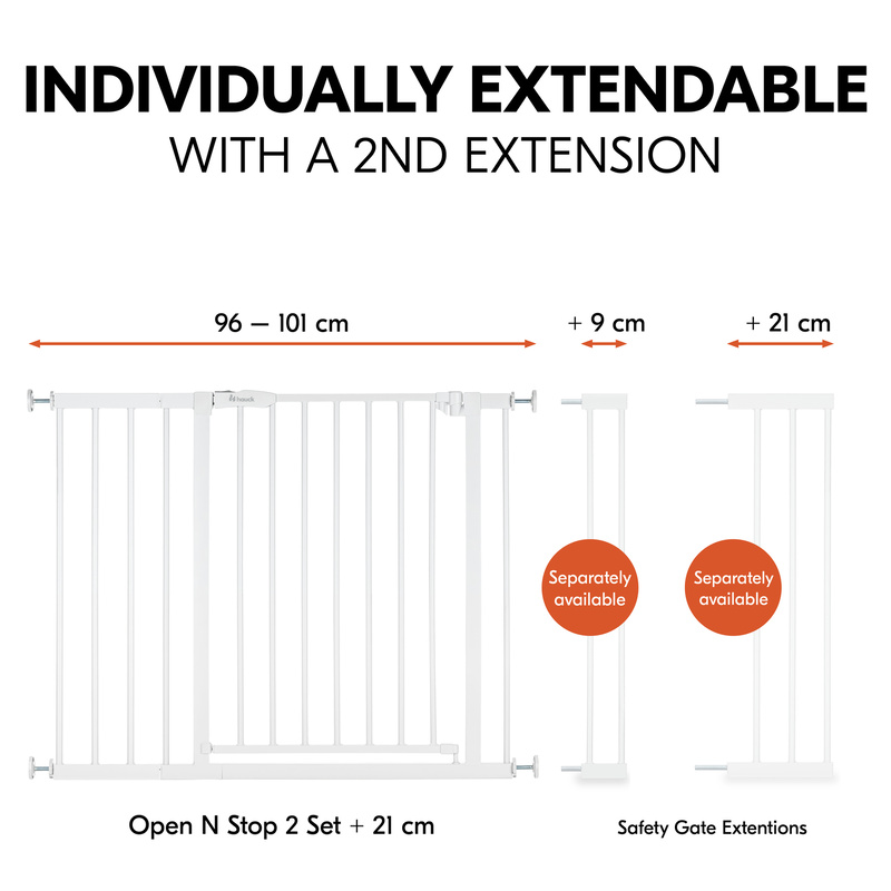 Barrière de sécurité Open N Stop​ 2 avec extension 21 cm Blanc  Hauck extension