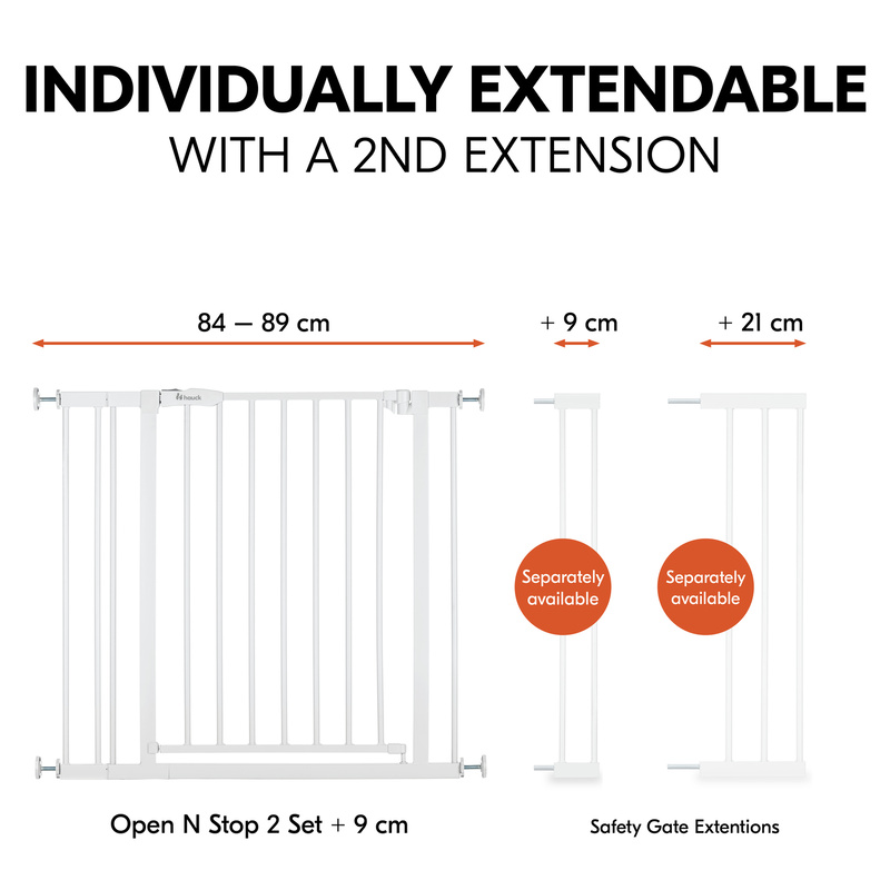 Barrière de sécurité Open N Stop​ 2 avec extension 9 cm Blanc  Hauck extension