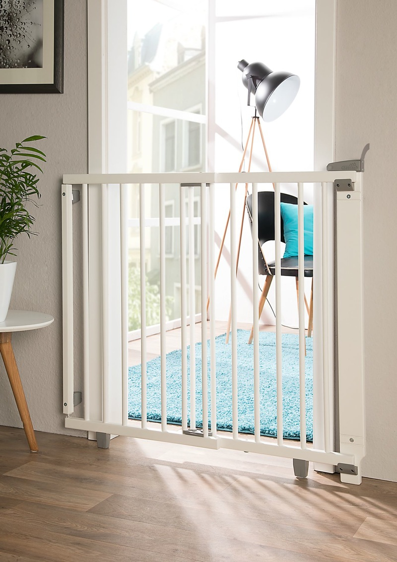 Barrière de sécurité plus pour porte 58-93 cm 65-105 cm en bois blanc Geuther extérieur