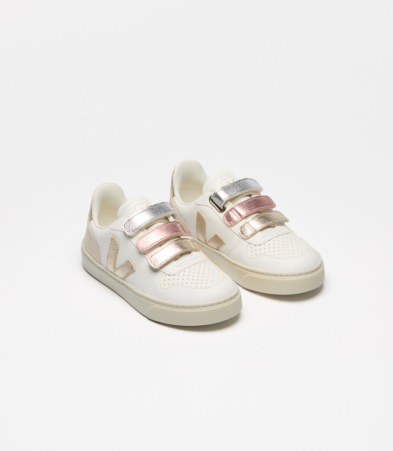 Baskets Small V-10 ChromeFree Leather Multico Extra-White Shiny Veja cote