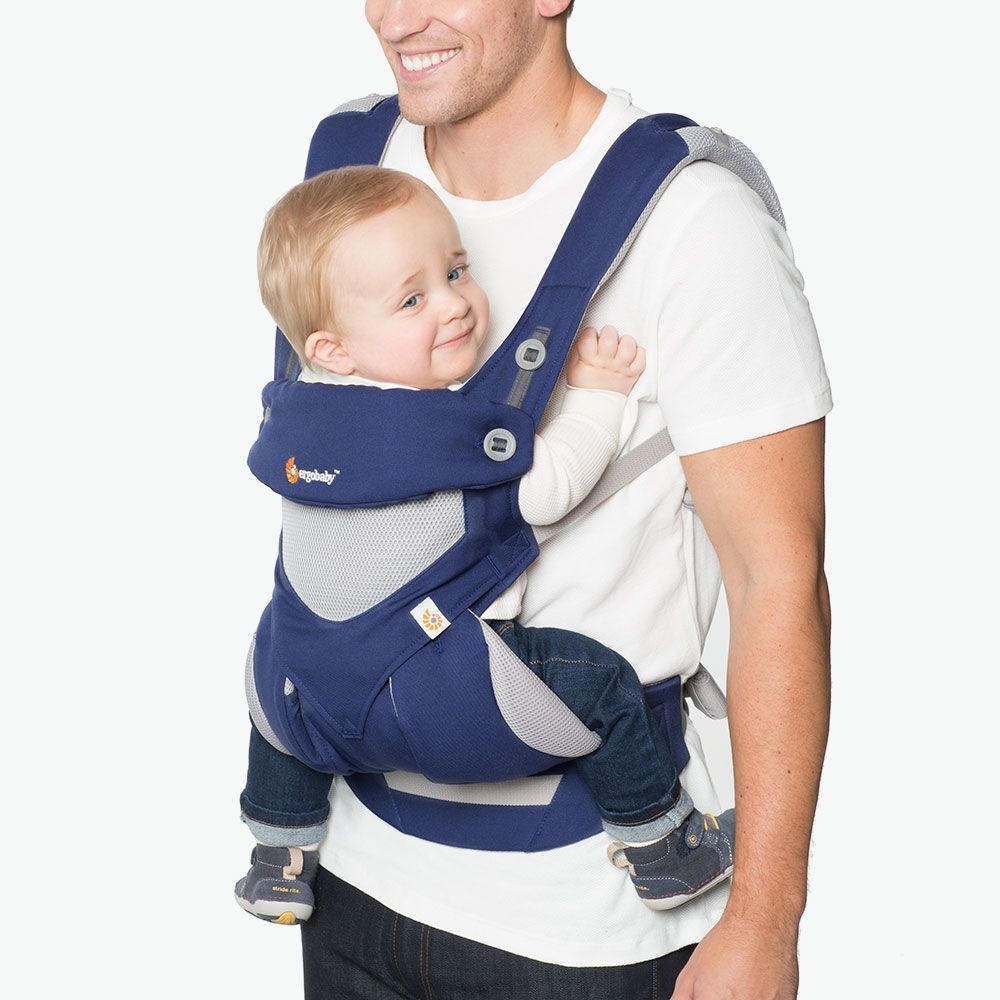 Porte-bebe 360 4 positions Cool air mesh bleu marine avec papa et bébé