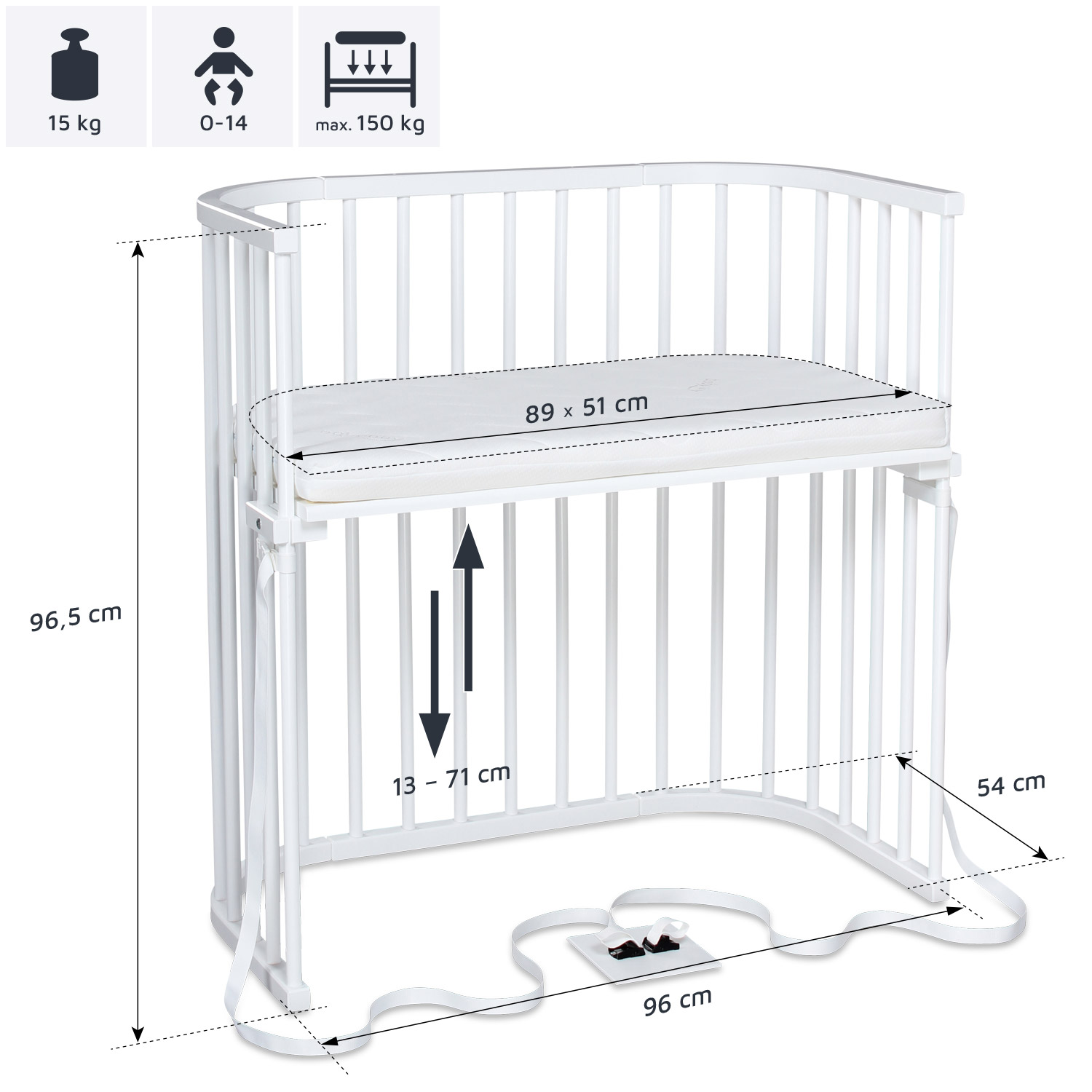 Berceau Cododo Boxspring Blanc laqué Babybay dimensions