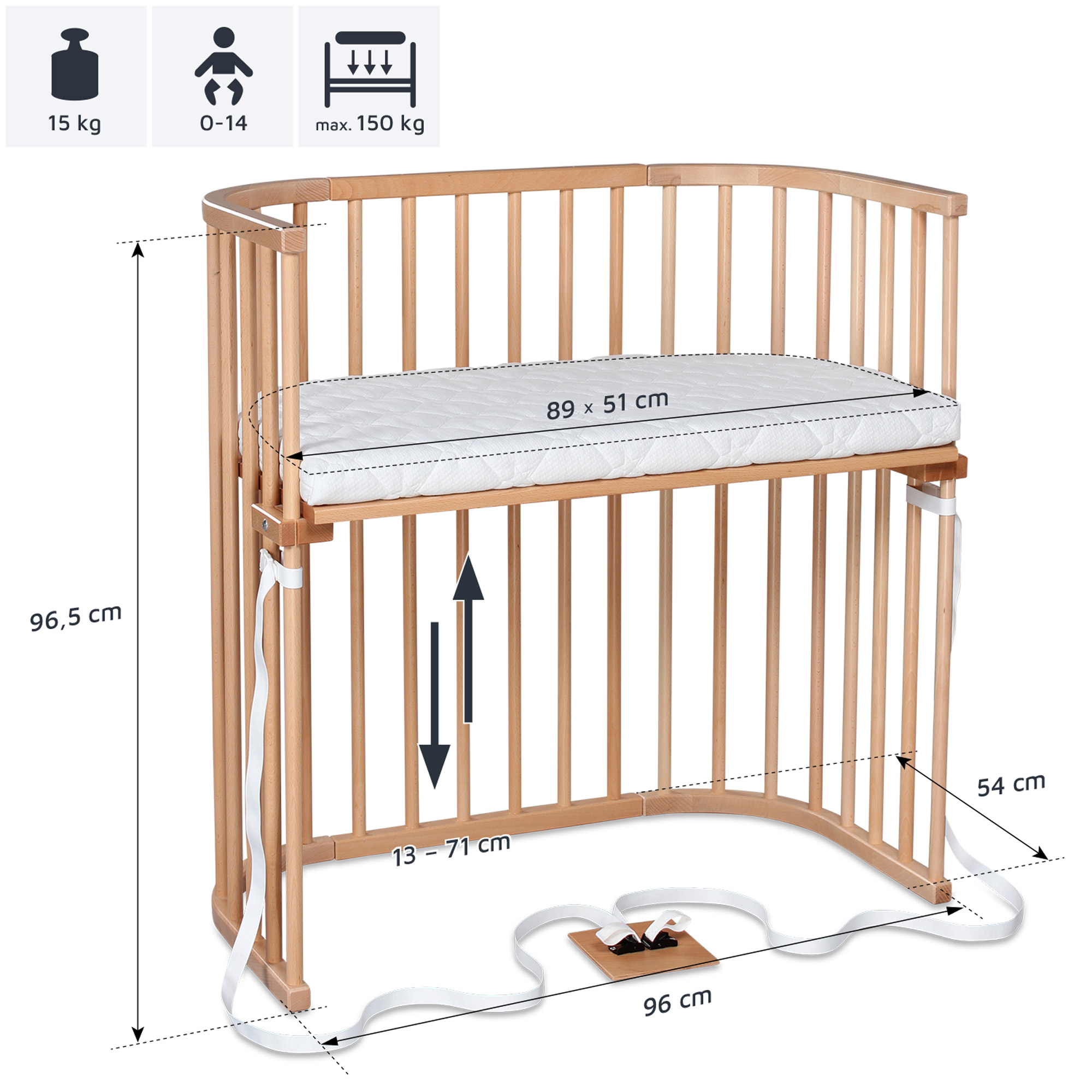 Berceau Cododo Boxspring Naturel laqué Babybay dimensions