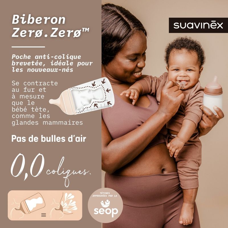 Biberon Anti-Colique Zero Zero, 180ml, Breveté, Tétine Silicone, Débit Lent, S, 0m+, Medium Suavinex explications 2