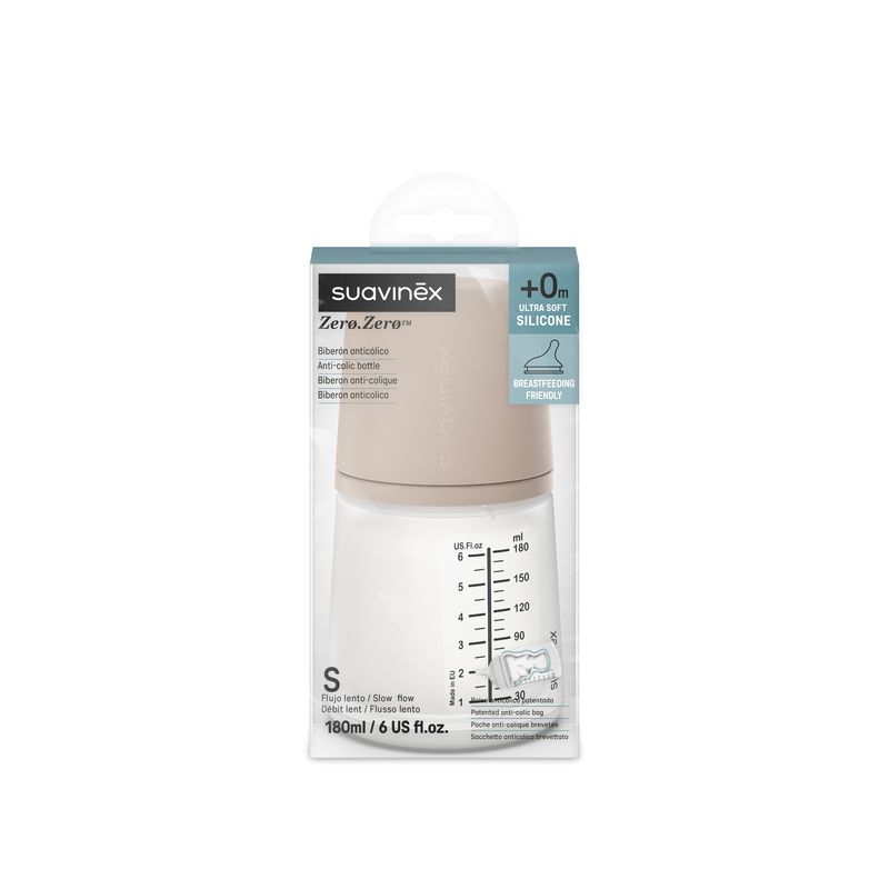 Biberon Anti-Colique Zero Zero, 180ml, Breveté, Tétine Silicone, Débit Lent, S, 0m+, Medium Suavinex packaging