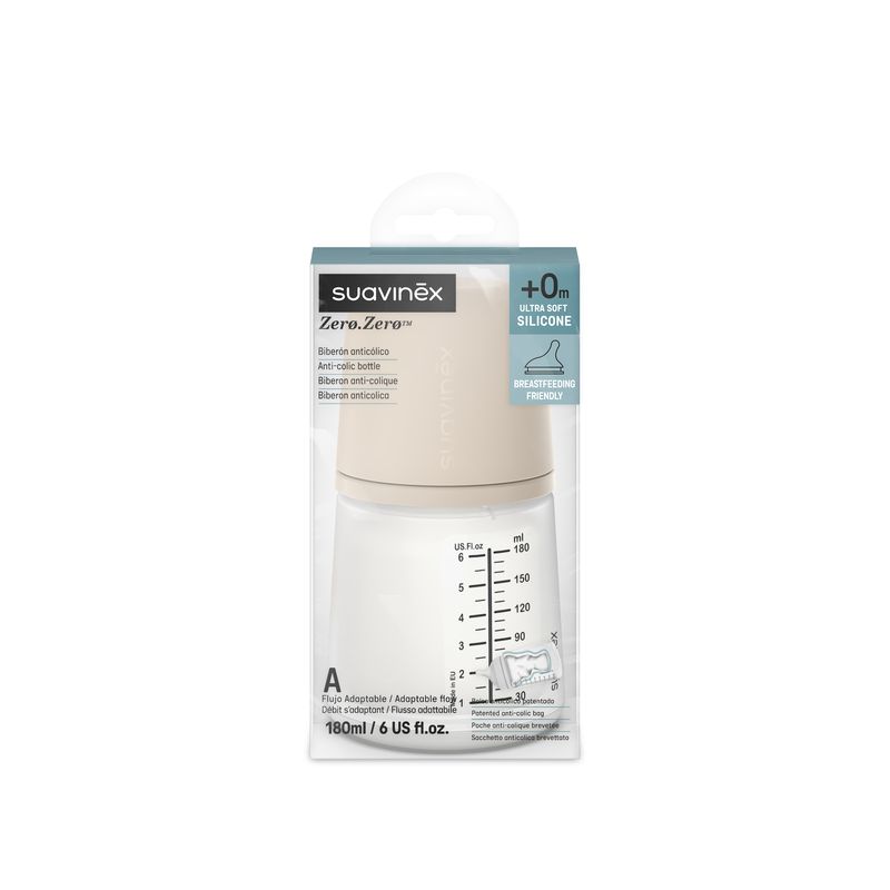 Biberon Anti-Colique Zero Zero, 180ml, Breveté, Tétine Silicone, Special Allaitement, A, 0m+ Light Suavinex packaging