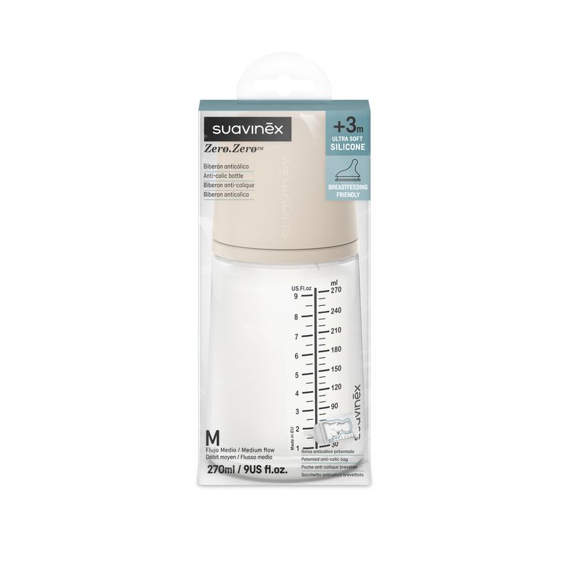 Biberon Anti-Colique Zero Zero, 270ml, Breveté, Tétine Silicone, Débit Moyen Suavinex packaging