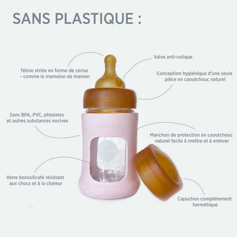 Biberon à col large zéro plastique avec protection en caoutchouc naturel Hevea infos