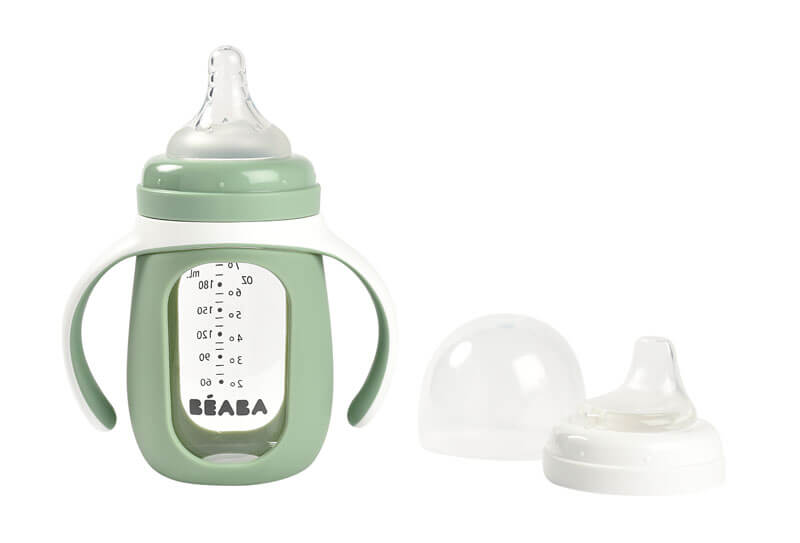 Biberon verre d'apprentissage 2 en 1 210 ml + housse silicone Béaba