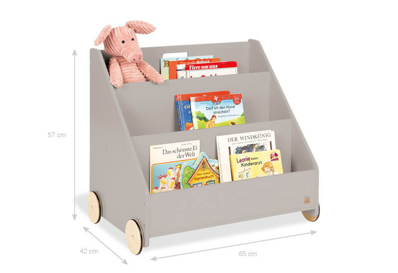 Bibliothèque roulante pour enfants Lasse Gris Pinolino dimensions