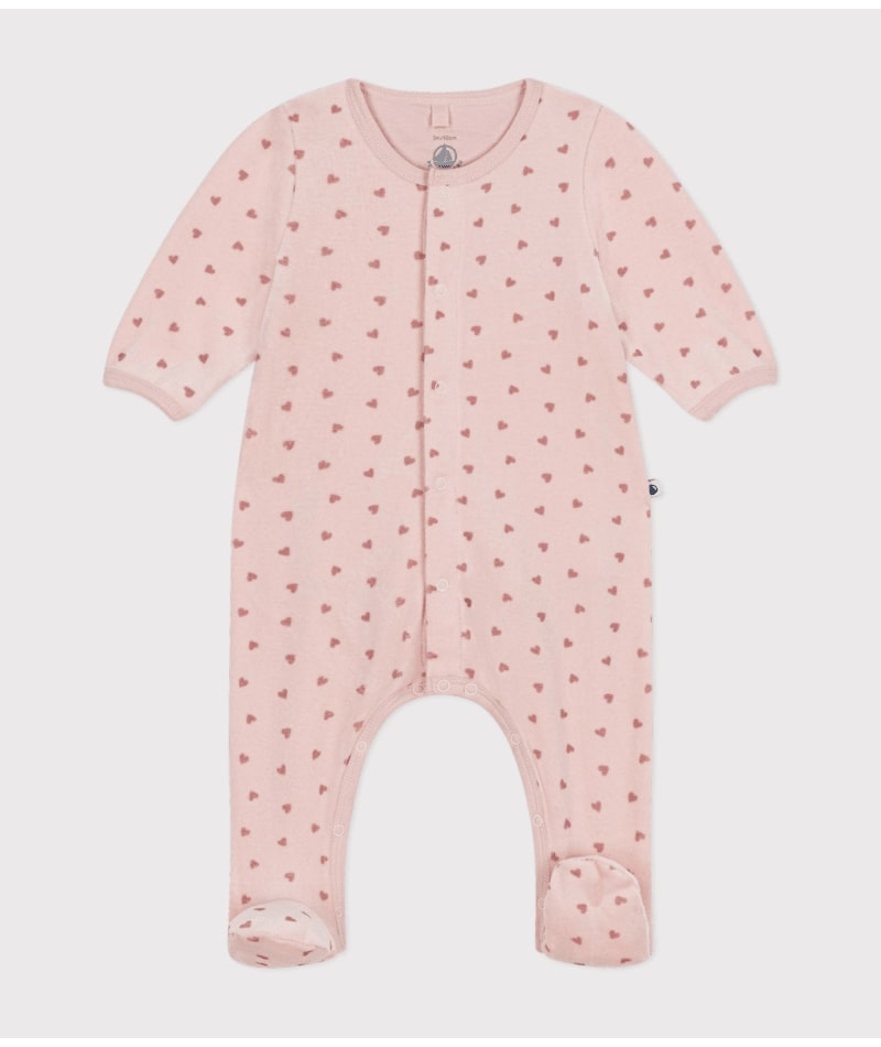 Bodyjama imprimé mini coeur en velours rose Petit Bateau devant