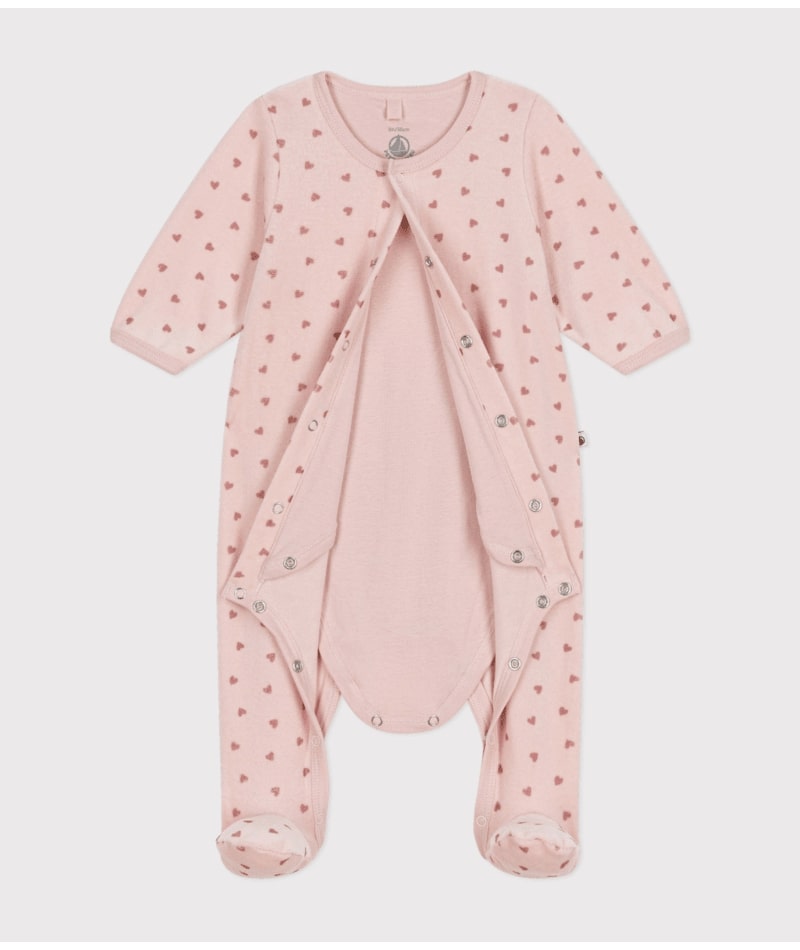 Bodyjama imprimé mini coeur en velours rose Petit Bateau semi ouverture