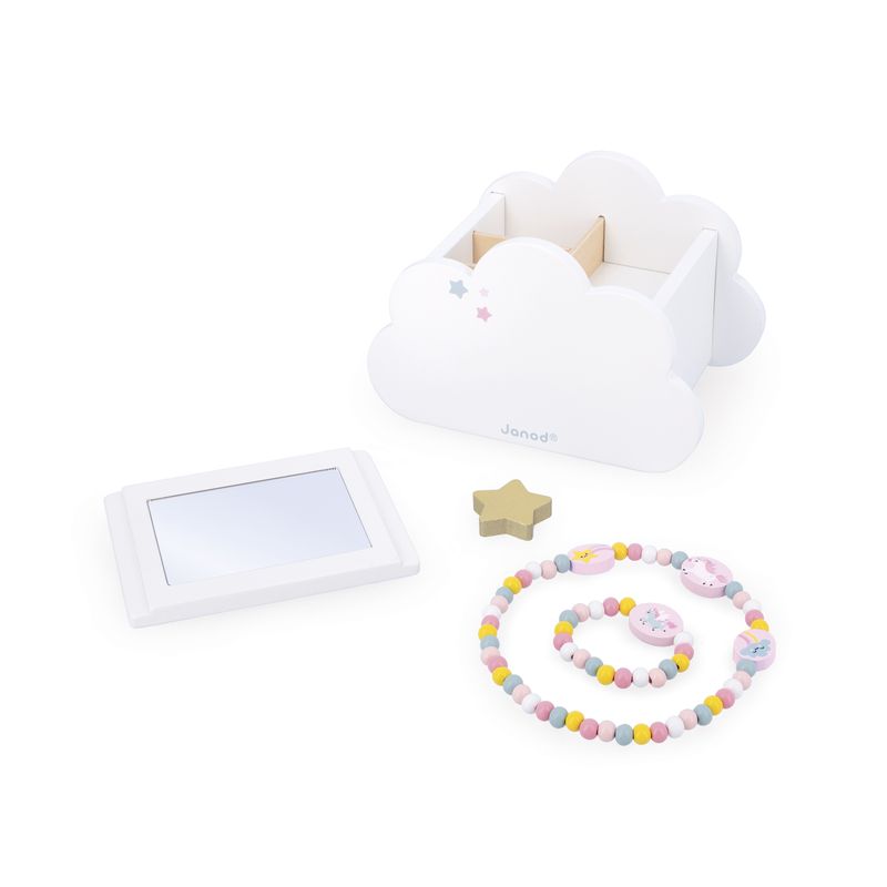Boîte à bijoux Licorne Janod dos avec miroir et bijoux