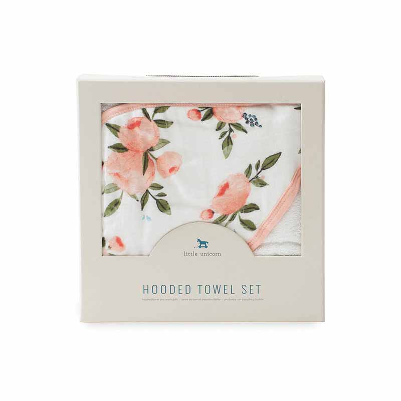 Cape de bain mousseline coton et gant de toilette Little Unicorn Packaging