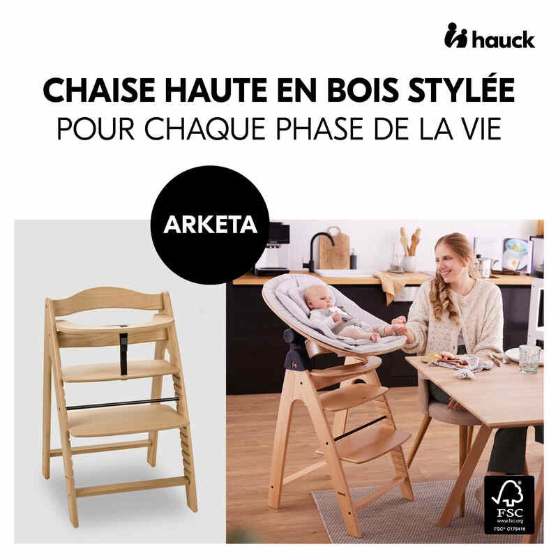 Chaise haute en bois de chêne Arketa Oak Hauck face