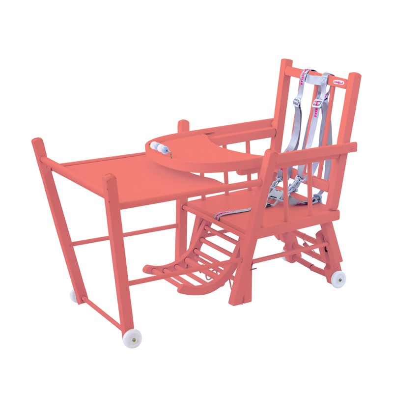 Chaise haute Marcel transformable barreaux laqué rose Combelle table