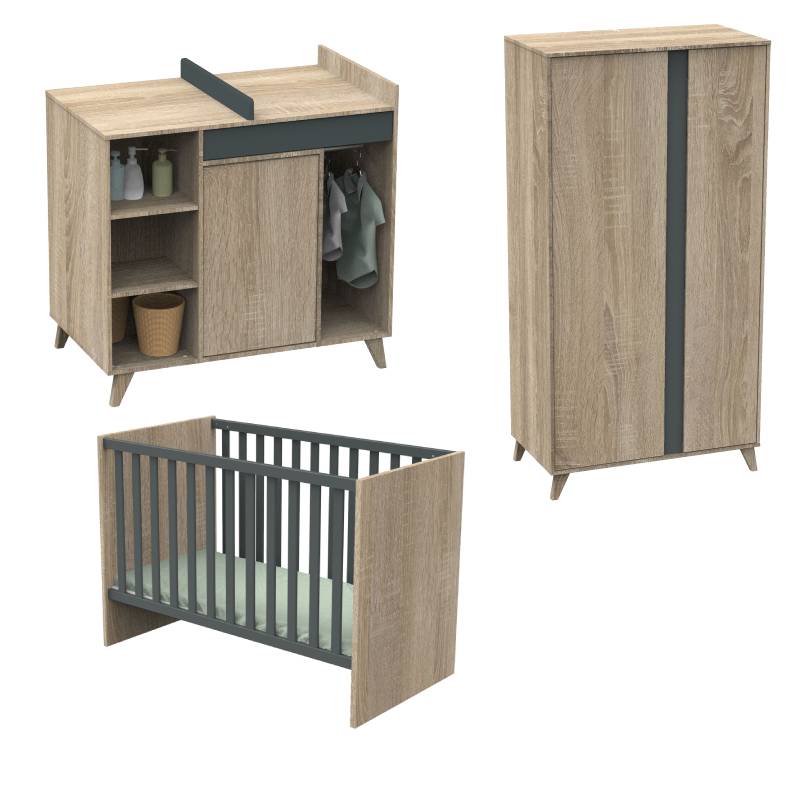 Pack Trio Chambre complète Altitude : Lit bébé 60 x 120 + Commode à langer  + Armoire - Gris