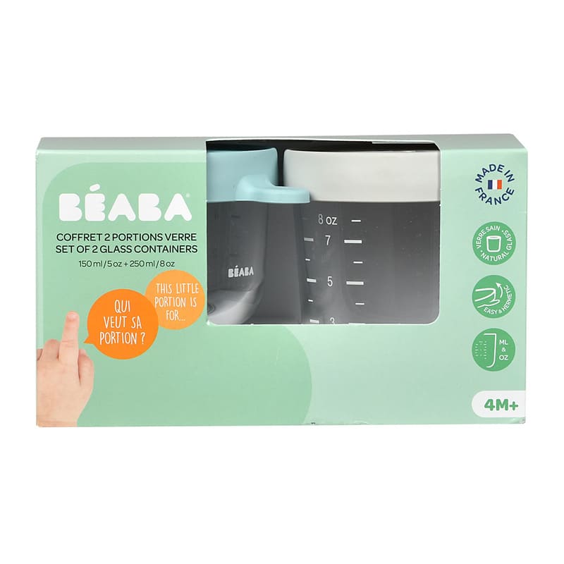 Coffret 2 portions verre 150 ml 250 ml Béaba Packaging Face