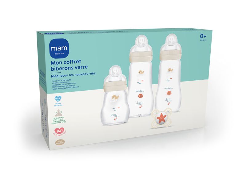 Coffret naissance biberons en verre et sucette MAM packaging
