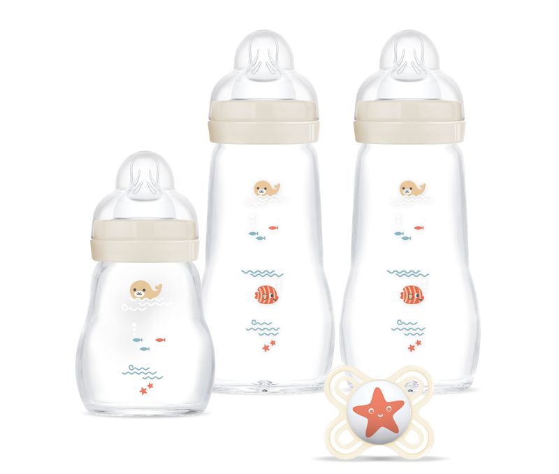 Coffret naissance biberons en verre et sucette MAM produit