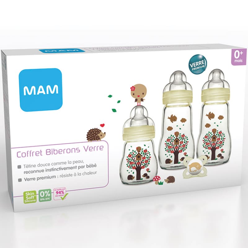 Coffret naissance biberons en verre et sucette Mam Boite