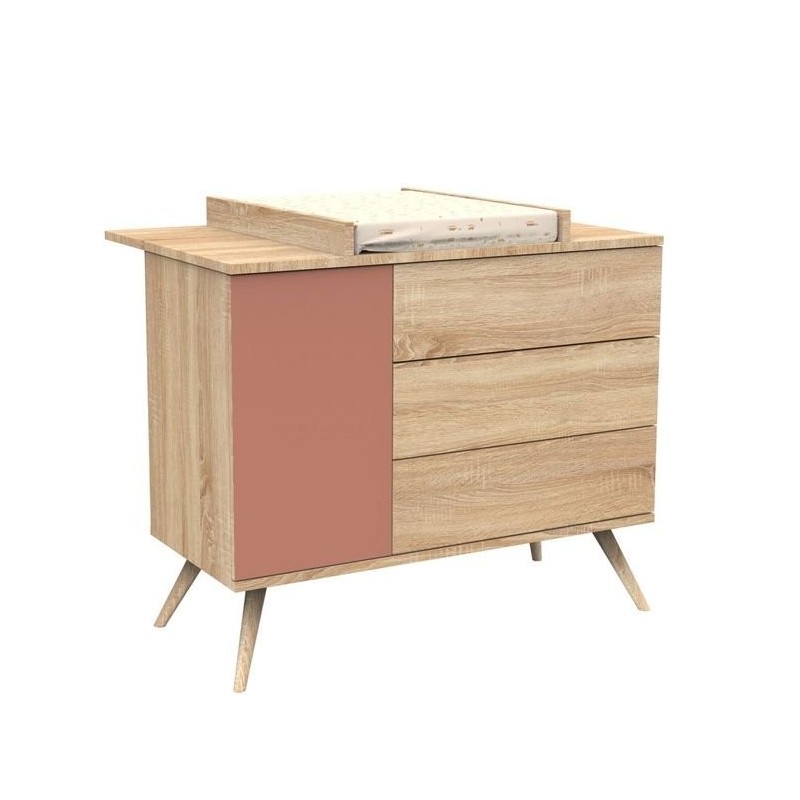 Commode 3 tiroirs Seventies avec plan à langer Sauthon terracotta