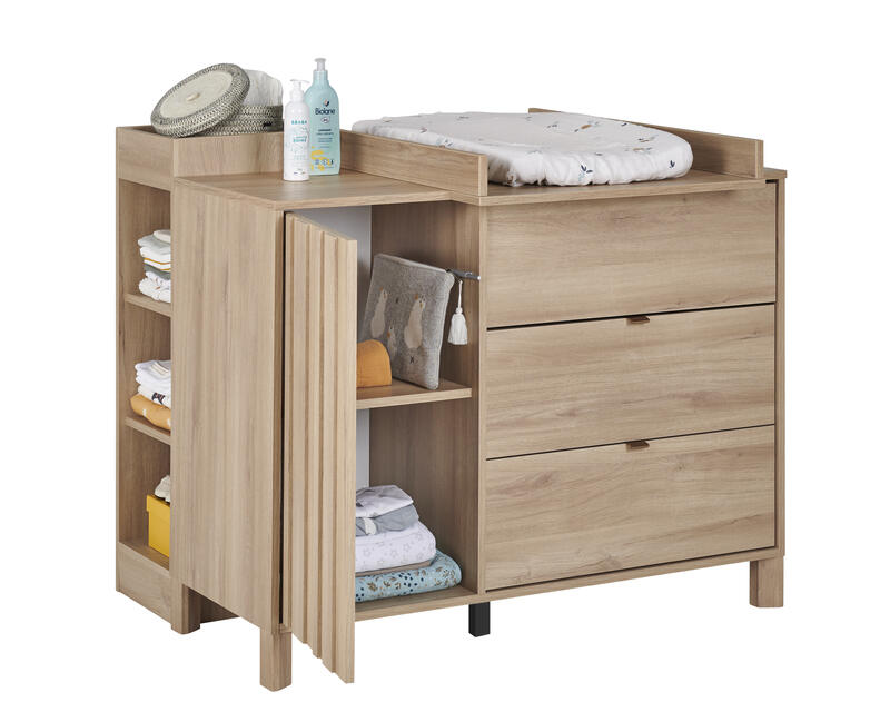 Commode Calypso 1 porte 3 tiroirs Galipette ouverte plan à langer lifestyle