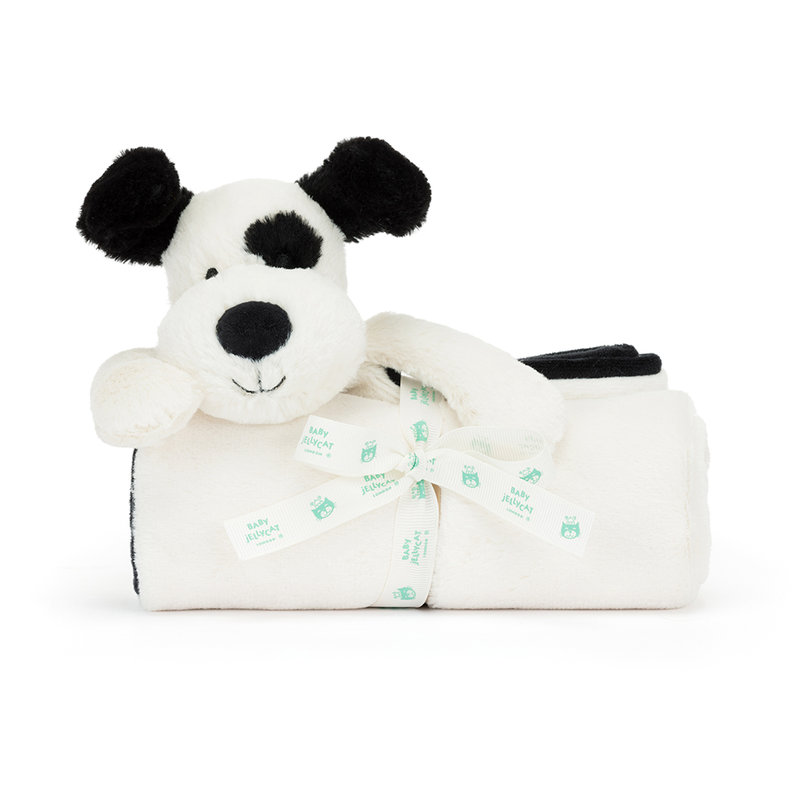 Couverture avec doudou Bashful Black & Cream Puppy Jellycat face 