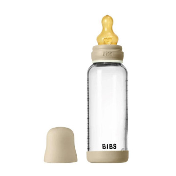 Biberon en verre NUIT phosphoresent rond caoutchouc naturel 240 ml Débit moyen Vanilla BIBS face