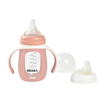 Biberon verre d'apprentissage 2 en 1 210 ml + housse silicone Old pink Béaba