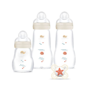 Coffret naissance biberons en verre et sucette MAM produit