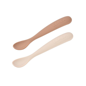 Lot 2 cuillères 1er âge silicone avec boite de transport Beaba argile / pralin