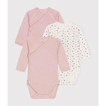 Lot de 3 bodies croisés manches longues en coton bébé rose petit coeur Petit Bateau produit face