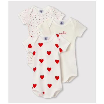 Lot de 3 Bodies Manches Courtes Coeurs Petit Bateau face