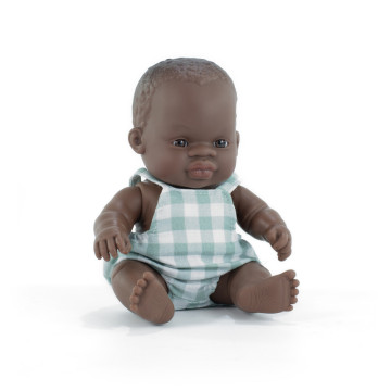 Poupée 21 cm garçon africain - barboteuse à carreaux verts MINILAND face