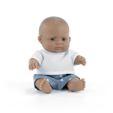 Poupée 21 cm garçon sud-américain - top blanc short bleu MINILAND face