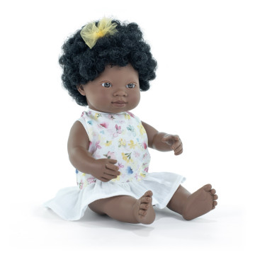 Poupée 38 cm africaine - robe à fleurs MINILAND face