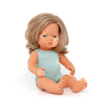 Poupée 38 cm Colourful caucasienne avec vitiligo - barboteuse turquoise Miniland produit face