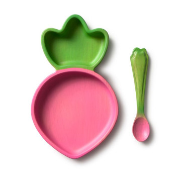 Set repas en bois d'hévéa Assiette et Cuillère Radis Oli & Carol produit
