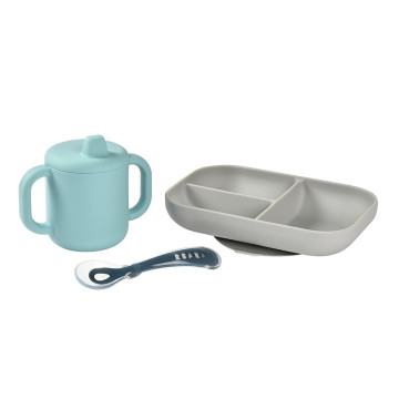 Set repas silicone assiette compartimentée cuillère et tasse Béaba