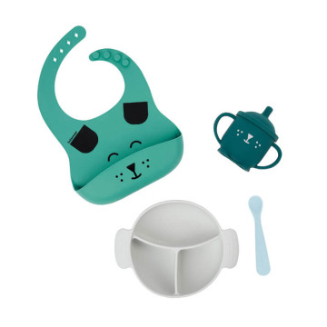 Set repas silicone Learn Isy bol, tasse, cuillère et bavoir Chien Babymoov