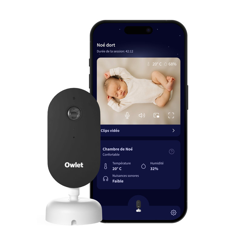 Dream Sight Cam Owlet produt avec informations sur smartphone