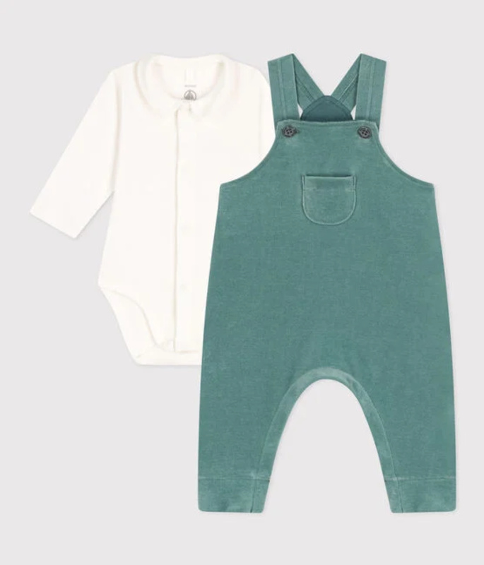 Ensemble 2 pièces body blanc et salopette verte Petit Bateau set