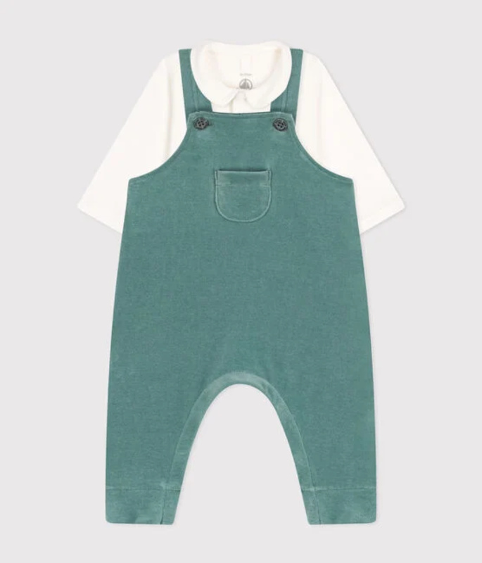 Ensemble 2 pièces body blanc et salopette verte Petit Bateau