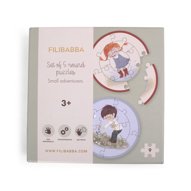 Ensemble de 5 puzzles ronds Petits aventuriers Filibabba boite