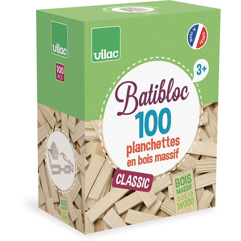 Jeu de construction Batibloc classic 100 planchettes en bois massif Vilac packaging