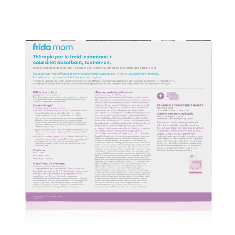 Kit de 8 compresses froides de soulagement rapide et 2 culottes post-partum jetables Frida instructions